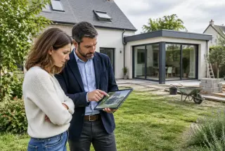 Une propriétaire et un professionnel examinent des plans pour une extension devant une maison individuelle.