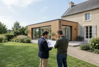 Un architecte et un propriétaire examinent les plans d’une extension devant une maison individuelle.